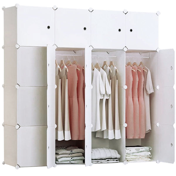 16-Cube Portable Closet, Plastic Wardrobe with Doors & 3 Hangers