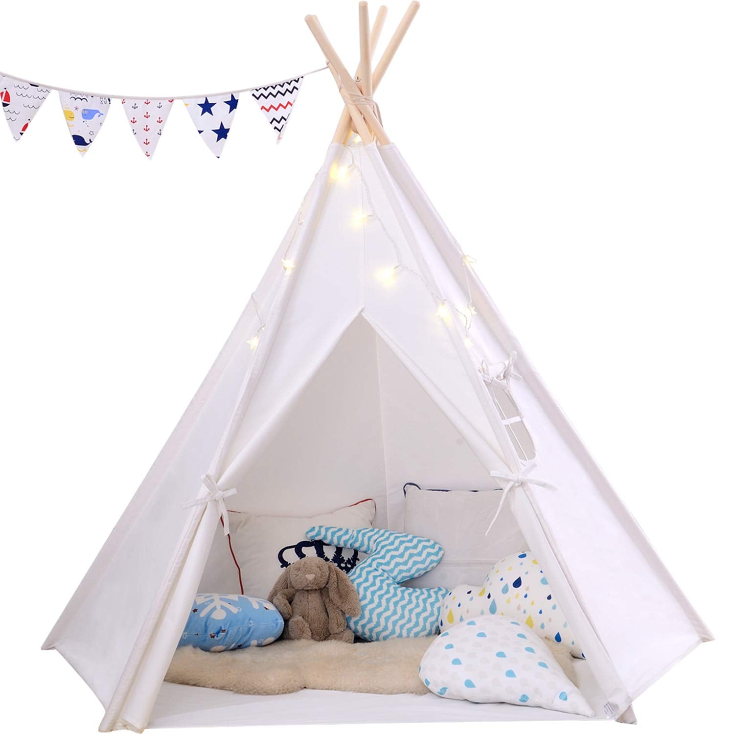 Large 5 Wooden Poles Teepee Kids Tent, 100% Cotton Tipi