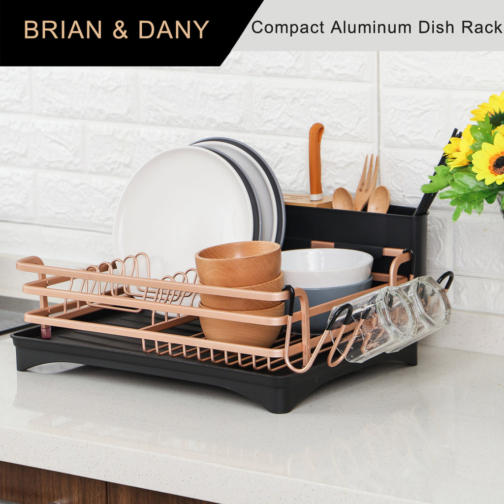 Aluminum Dish Drying Rack with Cutlery Holder, Light Gold