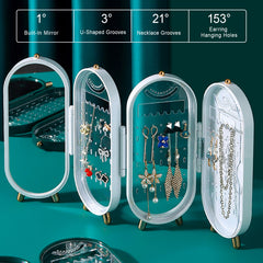 BRIAN & DANY Jewelry Box Foldable Screen with Mirror, 4 Doors Desktop Organizer for Earring, Necklace, Rings, Muti-Function Jewelry Storage Box for Girls Women.