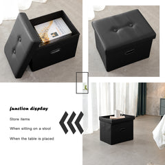Folding Storage Ottoman, Cube Footrest with Metal Hole Handles & Lid, 16*12.2*12.2in, Faux Leather, Black