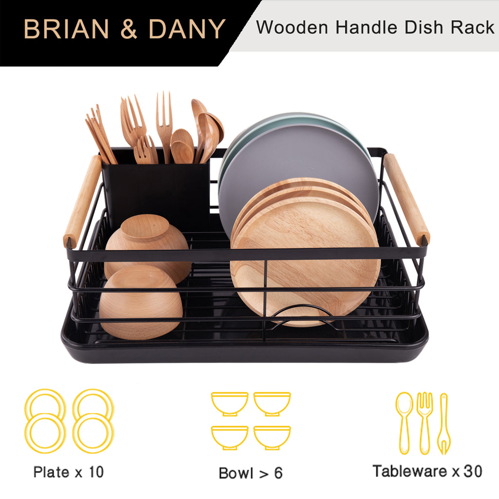 Black Dish Rack with Wood Handles