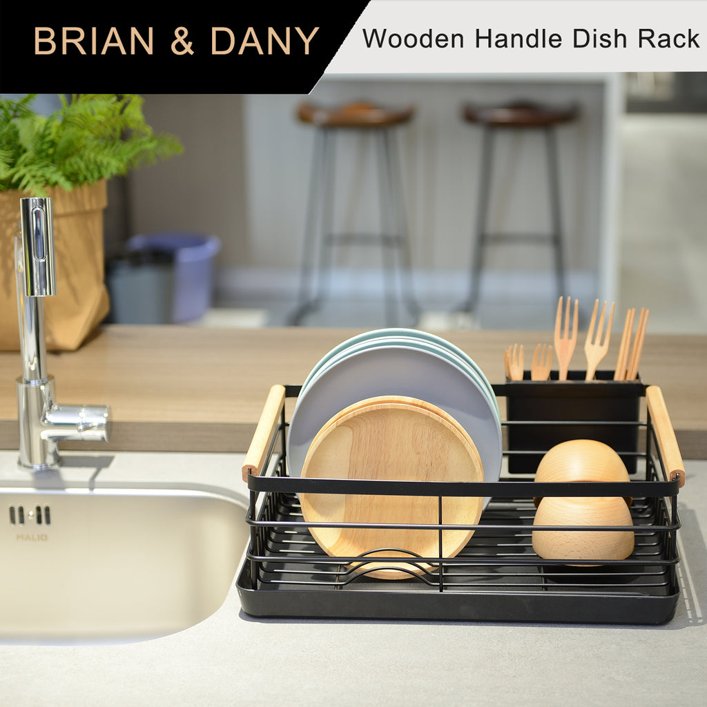 Black Dish Rack with Wood Handles