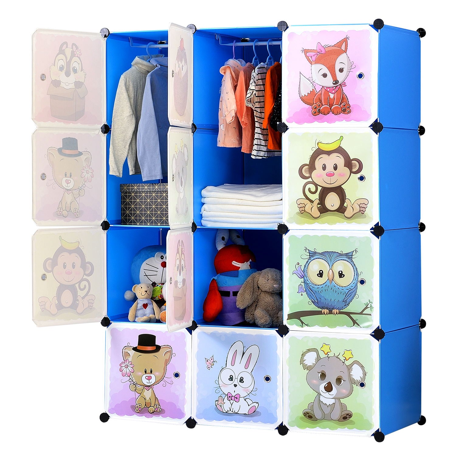 12-Cube Portable Closet, Plastic Wardrobe with Doors & 2 Hangers - Deeper Cubes Than Normal (Blue)