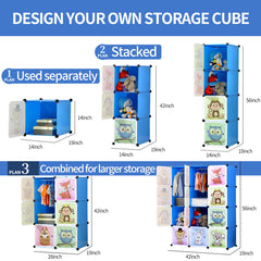 12-Cube Portable Closet, Plastic Wardrobe with Doors & 2 Hangers - Deeper Cubes Than Normal (Blue)