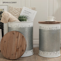 BRIAN & DANY 2 Pack Farmhouse Accent Side Table, Rustic Storage Ottoman Seat Stool with Round Wood Lid, Galvanized Metal Storage Bin for Living Room Furniture, Distressed White