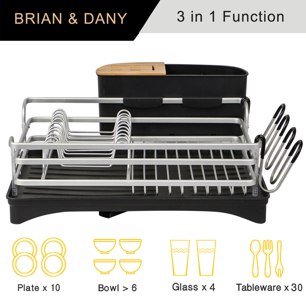 BRIAN & DANY Aluminum Dish Drying Rack, Dish Racks for Kitchen Counter,  Dish Drainer with Removable Cutlery Holder & Cup Holder, 16.5 L x 11.8 W